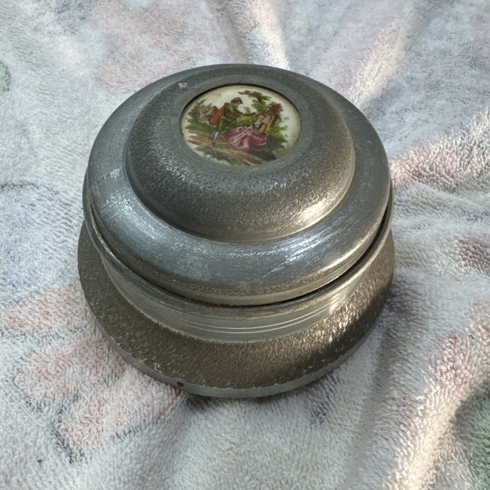 Antique Pre Reuge Music Box Musical Powder Puff Metal Case with Porcelain Inlay